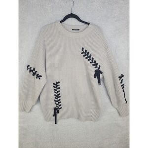 One Way Women's Sweater F Beige Knit Pullover Black Ribbon Lace Up Detail Japan